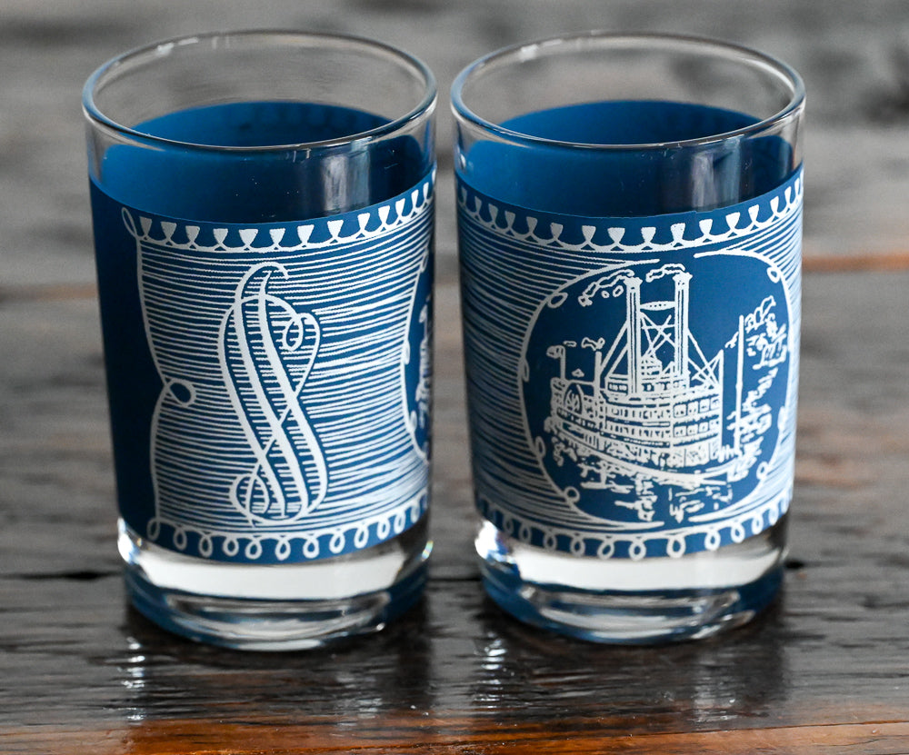 Currier & Ives blue and white steamboat print juice glasses