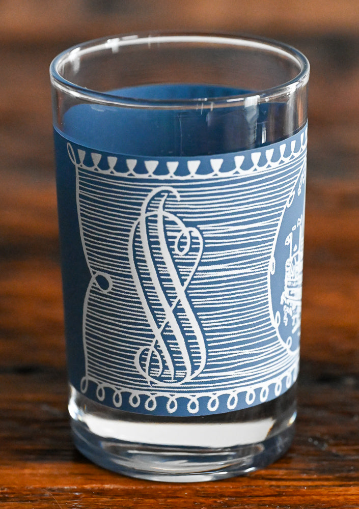 Currier & Ives blue and white steamboat print juice glasses