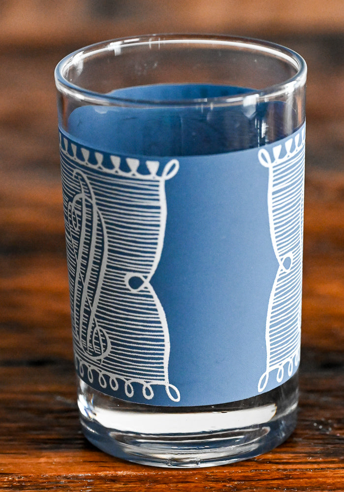 Currier & Ives blue and white steamboat print juice glasses