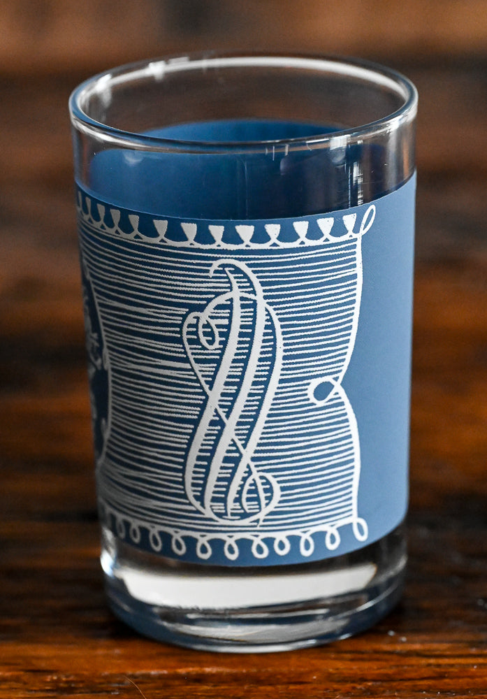 Currier & Ives blue and white steamboat print juice glasses