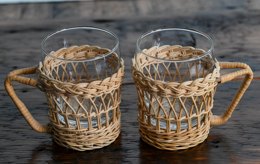 Tumblers in wicker rattan holders