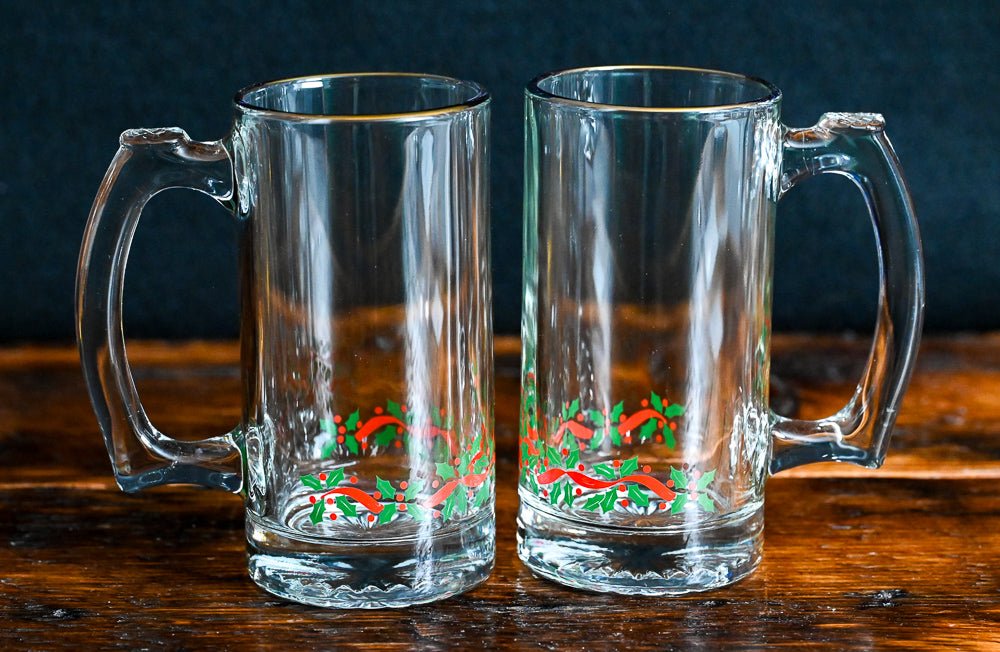 Holly Berry and Mistletoe gold rimmed clear Christmas mugs