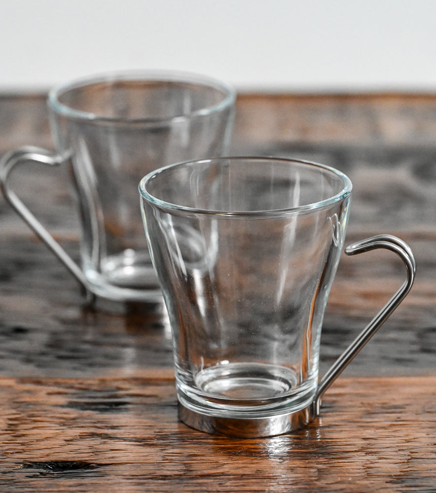 Bormioli glass mugs with silver handle