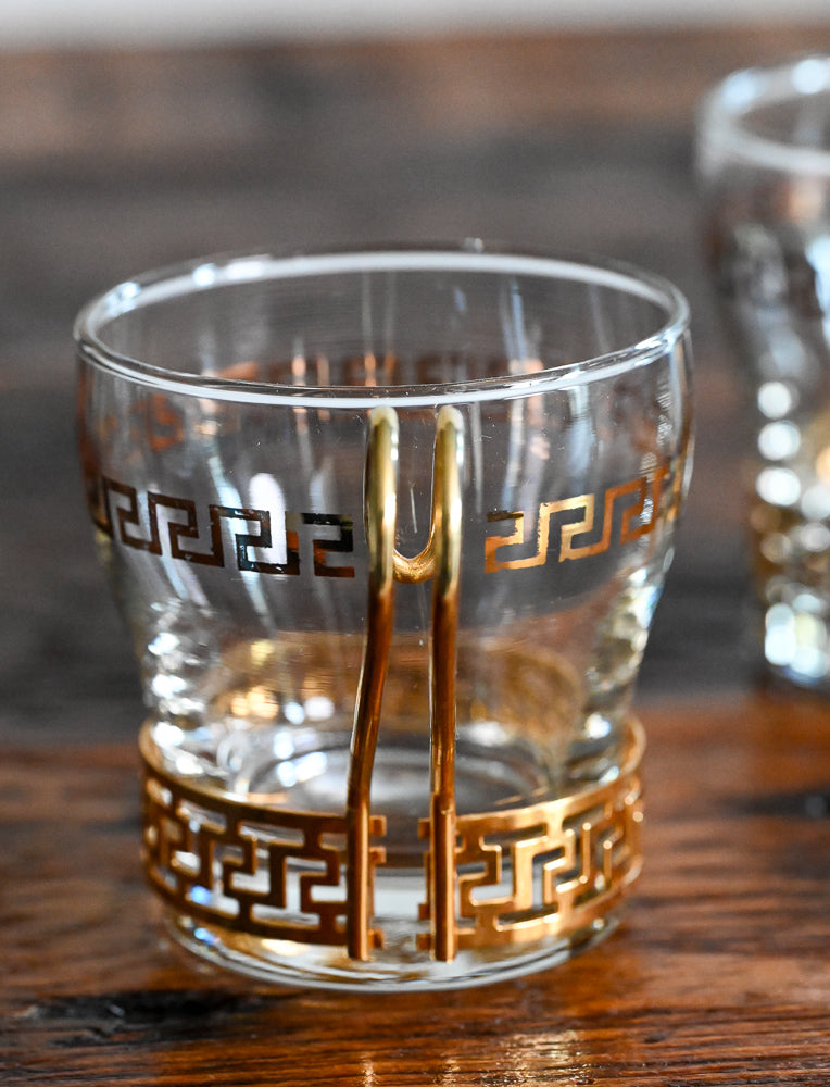 Libbey clear glass with greek gold scroll, gold metal handle