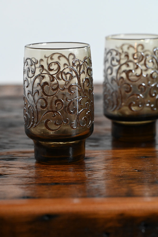 brown glass scroll tumblers