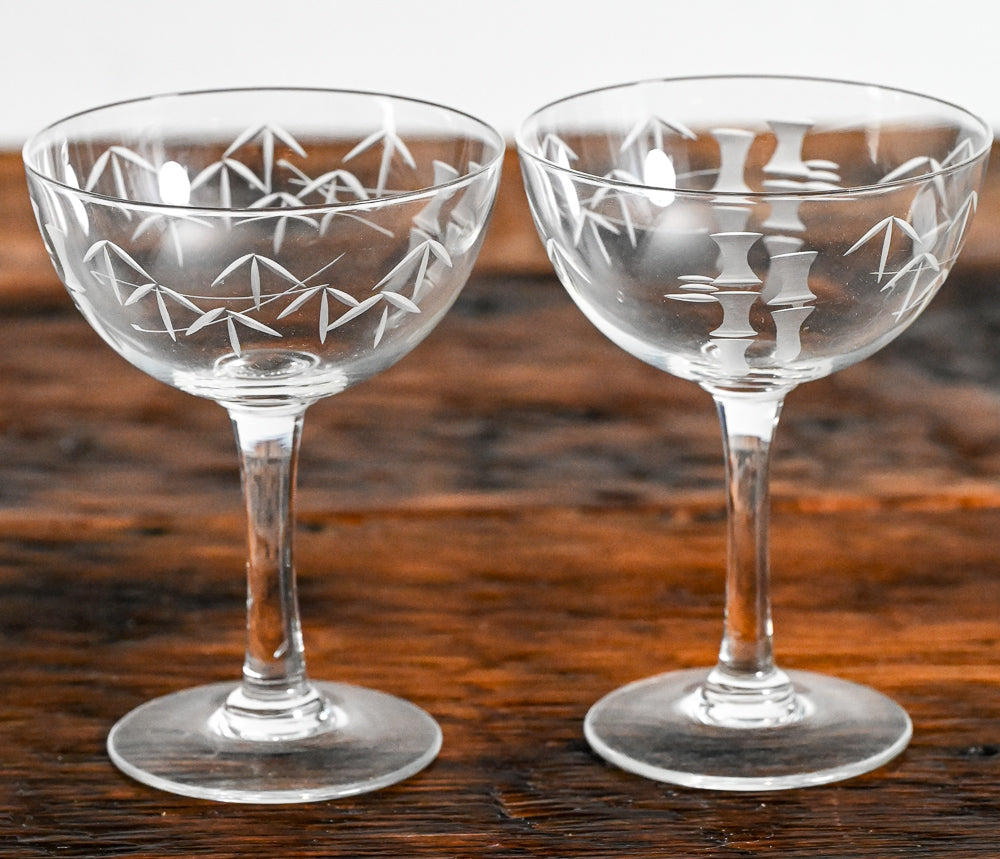 Noritake bamboo etched clear cocktail coupes