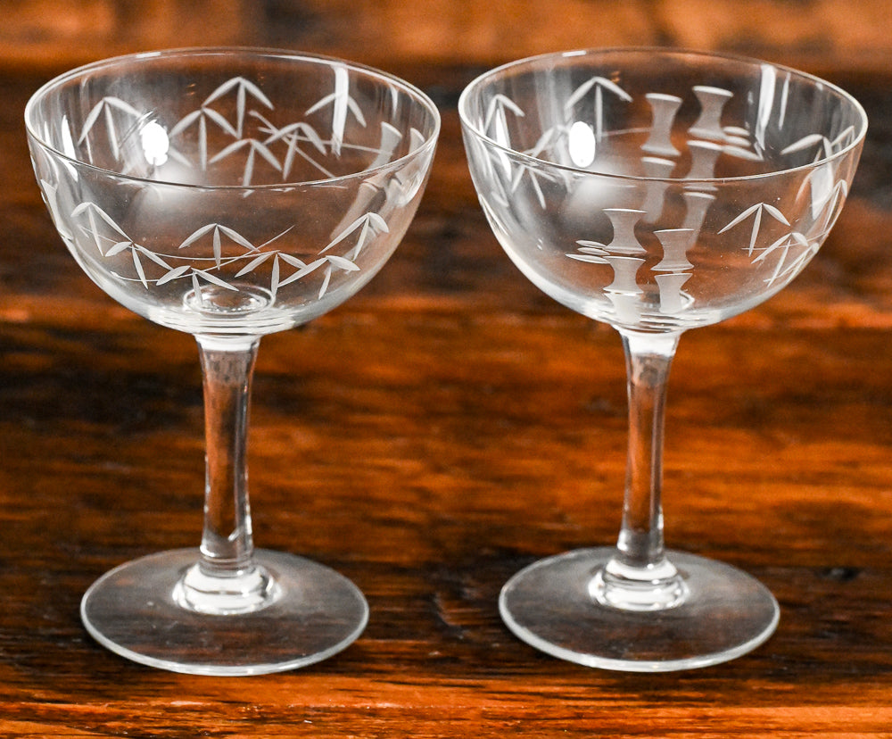 Noritake bamboo etched clear cocktail coupes