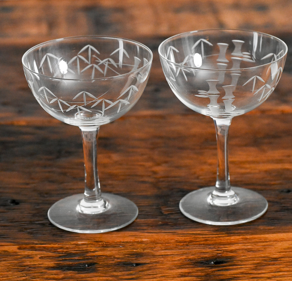 Noritake bamboo etched clear cocktail coupes