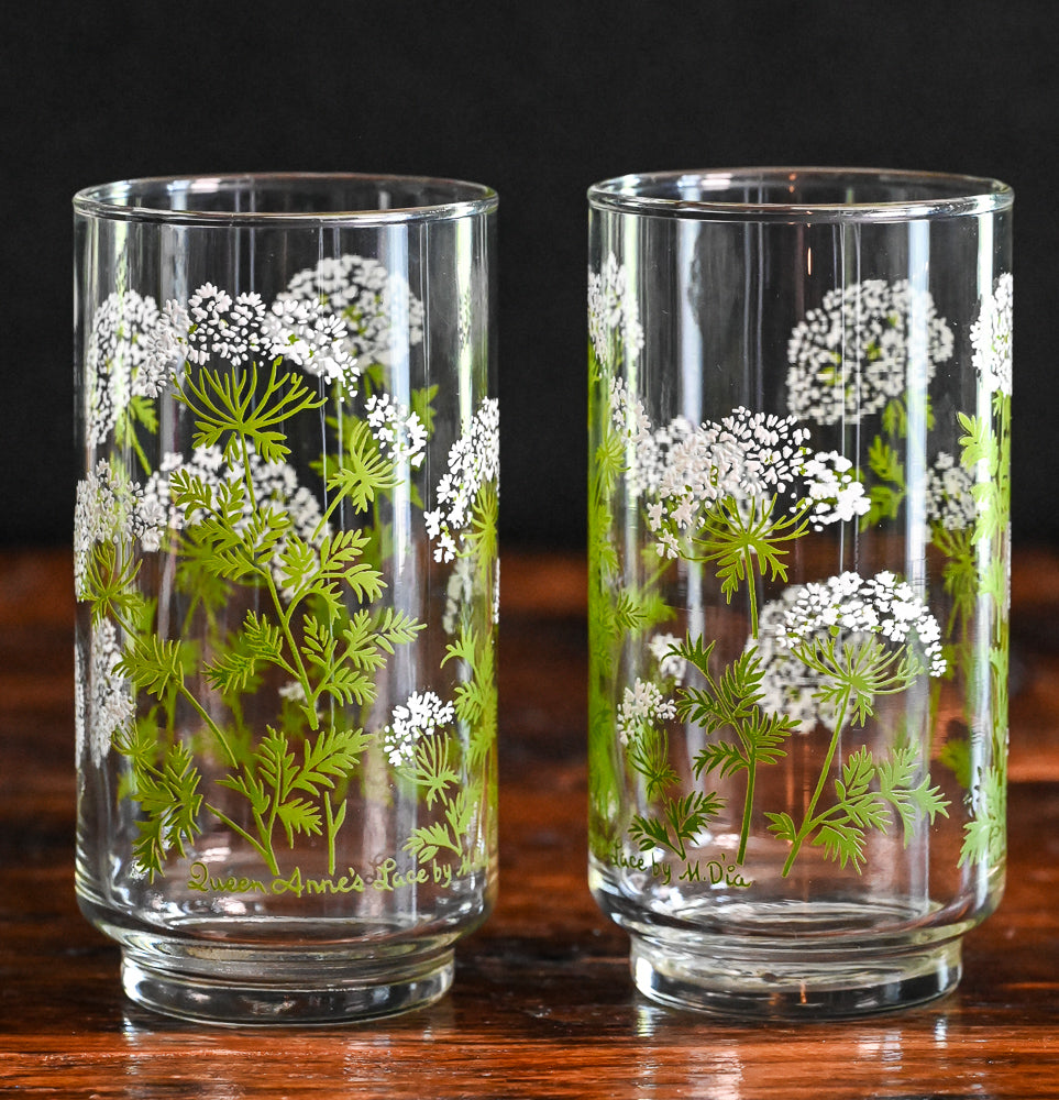 green and white floral Libbey Queen Anne's Lace tumblers
