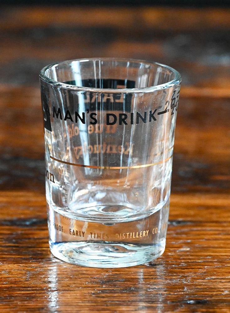 early times bourbon shot glass, black and gold print