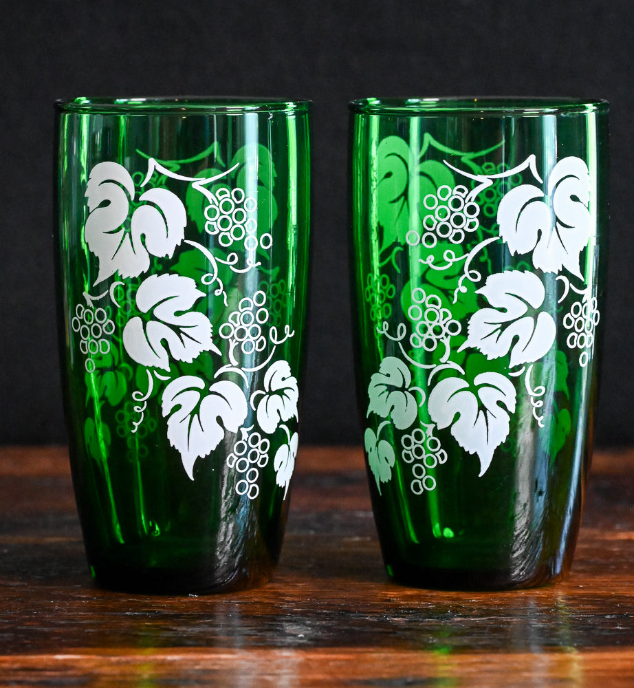 green Anchor Hocking tumblers with white grape leaf print