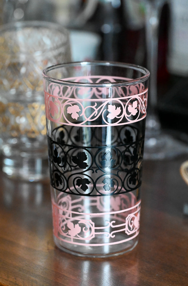 pink and black print tumbler glass