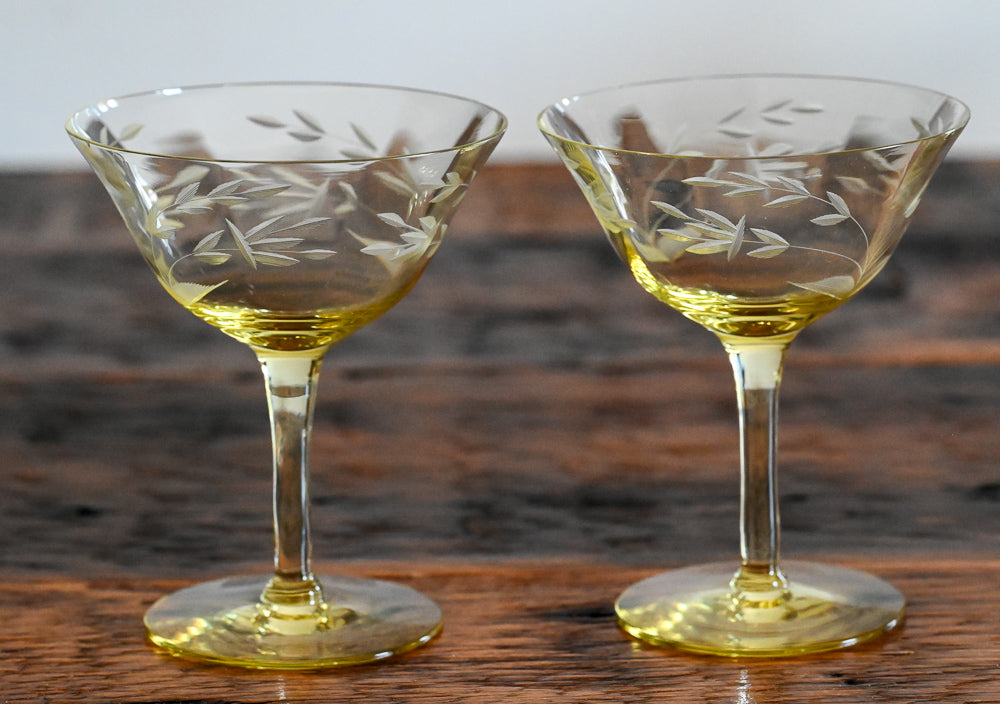 yellow leaf etched coupe glasses
