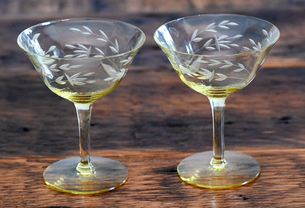 yellow leaf etched coupe glasses