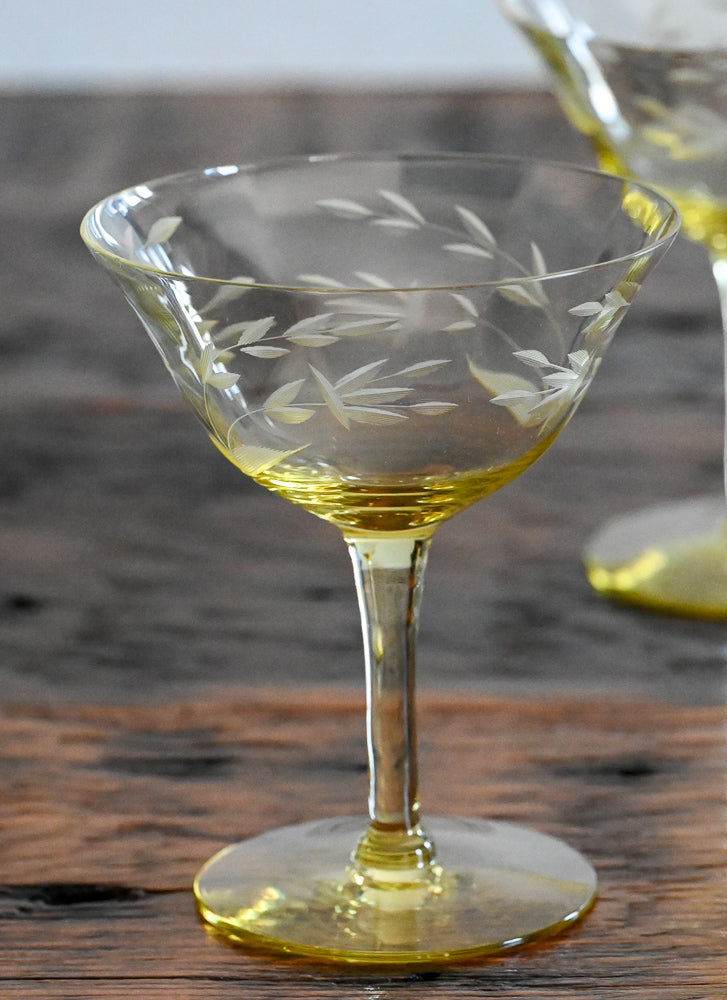 yellow leaf etched coupe glasses
