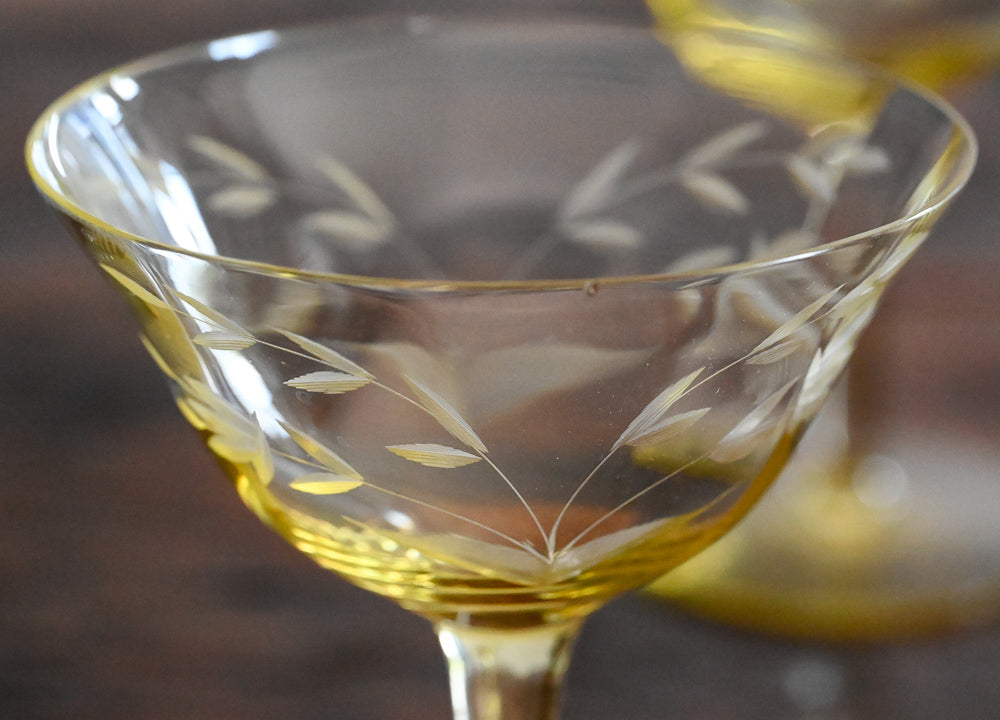 yellow leaf etched coupe glasses