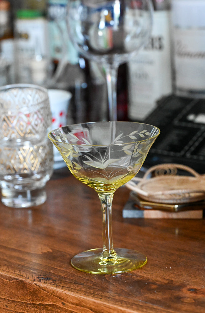 yellow leaf etched coupe glasses