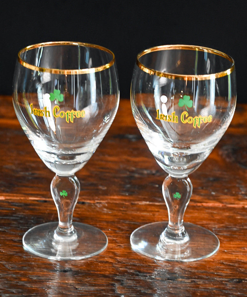 gold rim Irish coffee goblets with shamrock stamped on stem