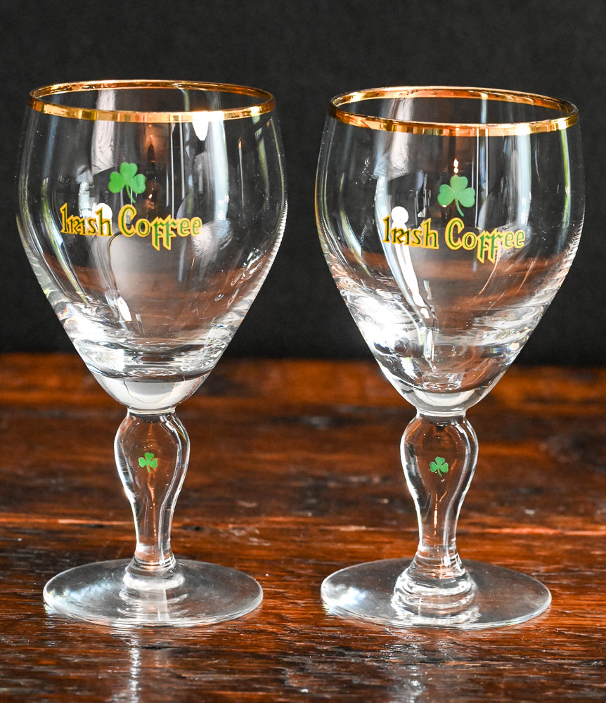 gold rim Irish coffee goblets with shamrock stamped on stem
