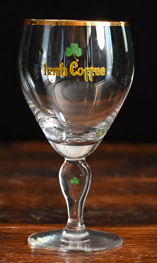 gold rim Irish coffee goblets with shamrock stamped on stem