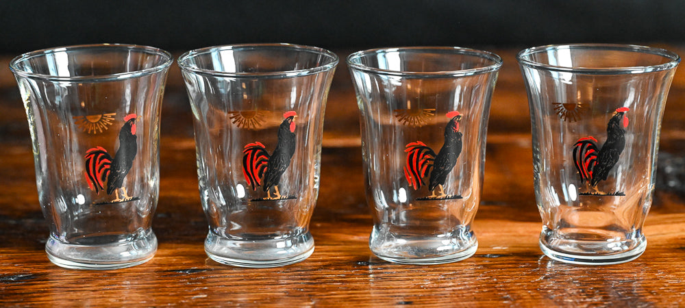 black, red and gold rooster print juice glasses