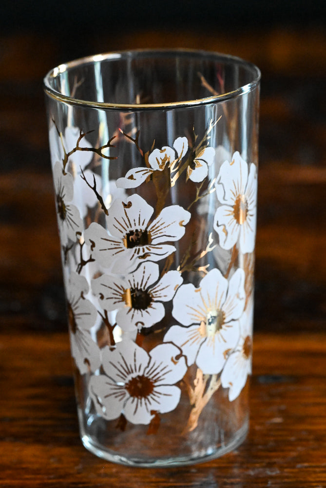 Libbey Pink Dogwood print tumblers with gold rim