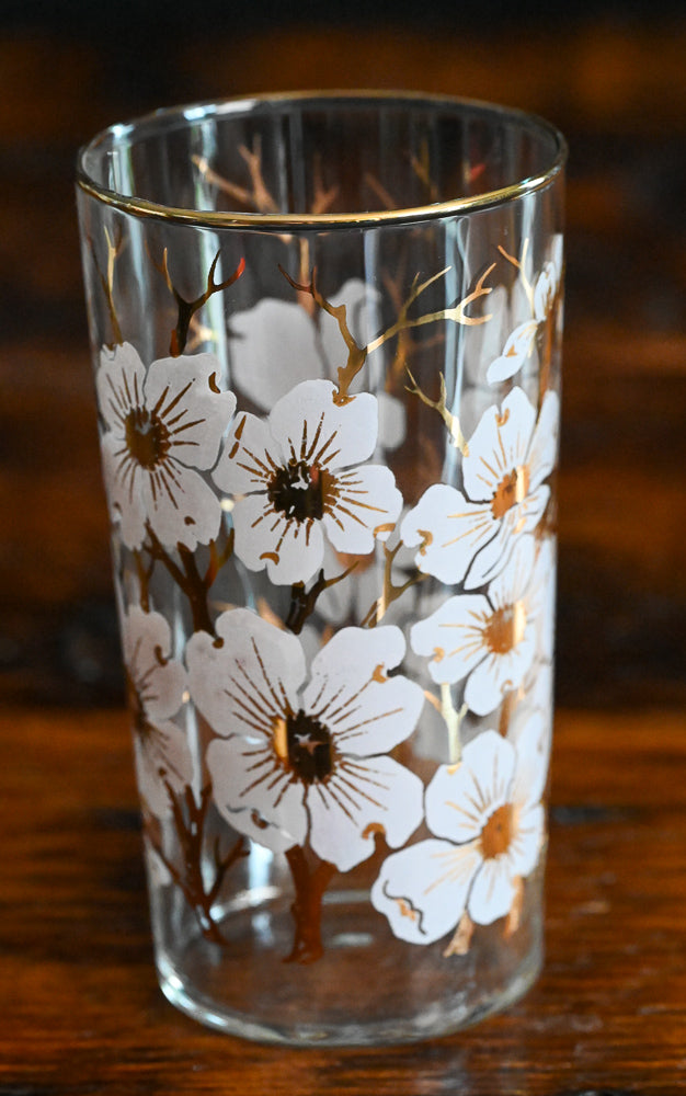 Libbey Pink Dogwood print tumblers with gold rim