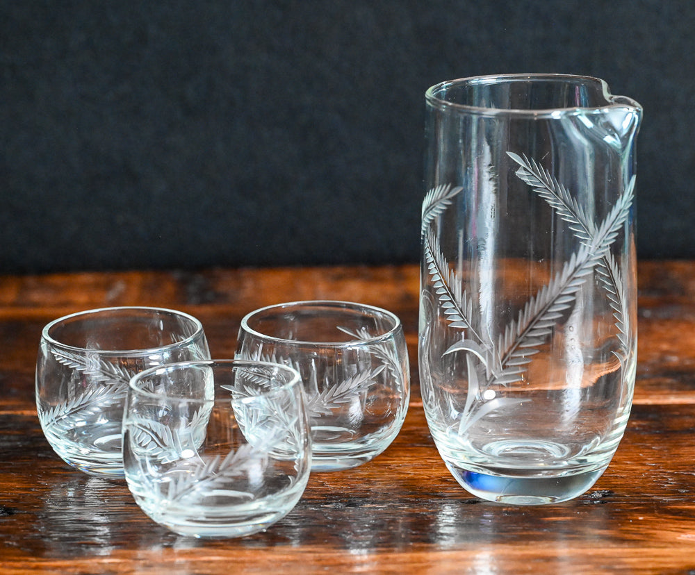 wheat etched pitcher and 3 roly poly glasses
