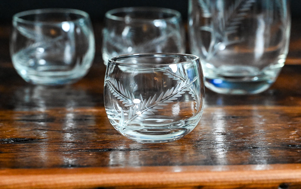 wheat etched pitcher and 3 roly poly glasses