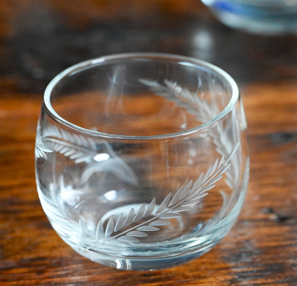 wheat etched pitcher and 3 roly poly glasses