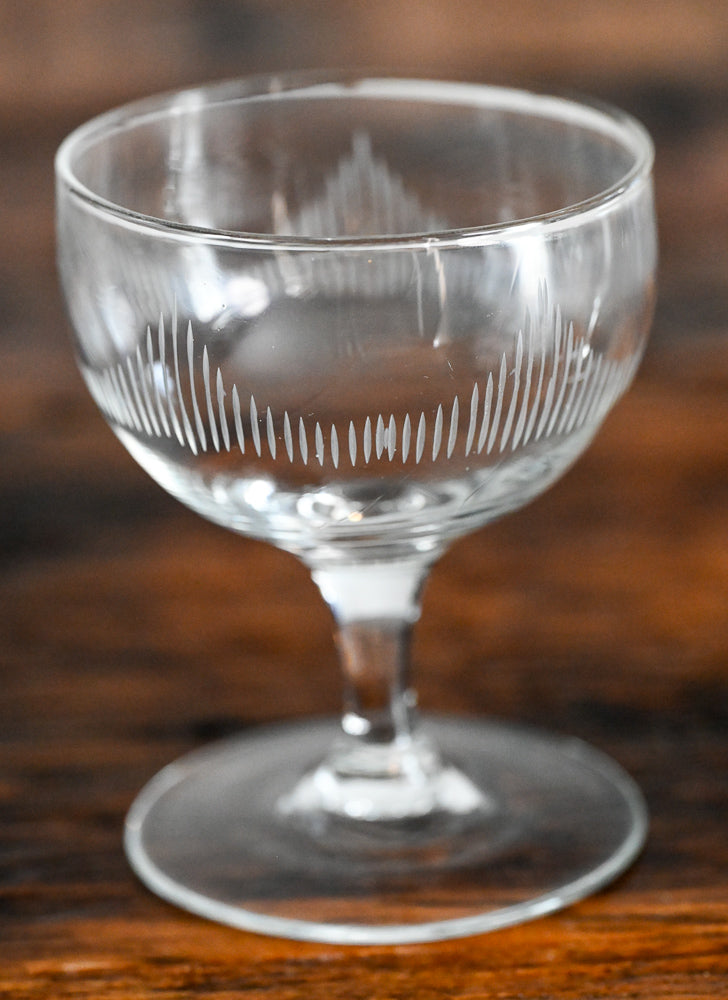line etched clear cocktail coupe