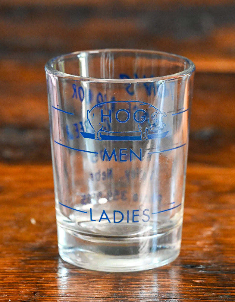 Don's package liquor shotglass, blue writing, from Valley, Nebraska