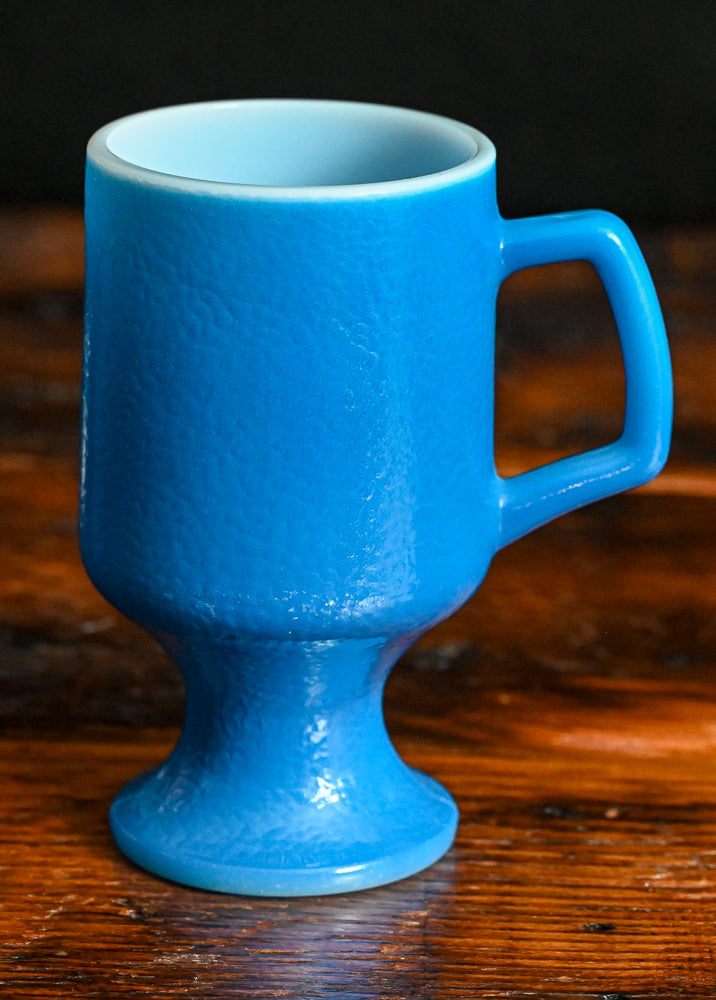 blue Anchor Hocking orange peel texture Fire King pedestal mug