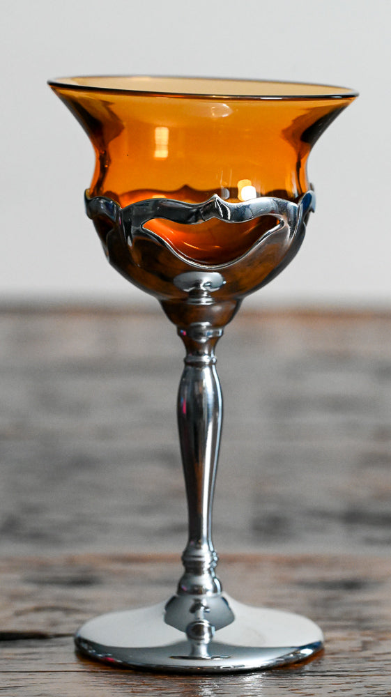 amber glass and metal stemmed Cambridge Farberbrus Krome Kraft glasses