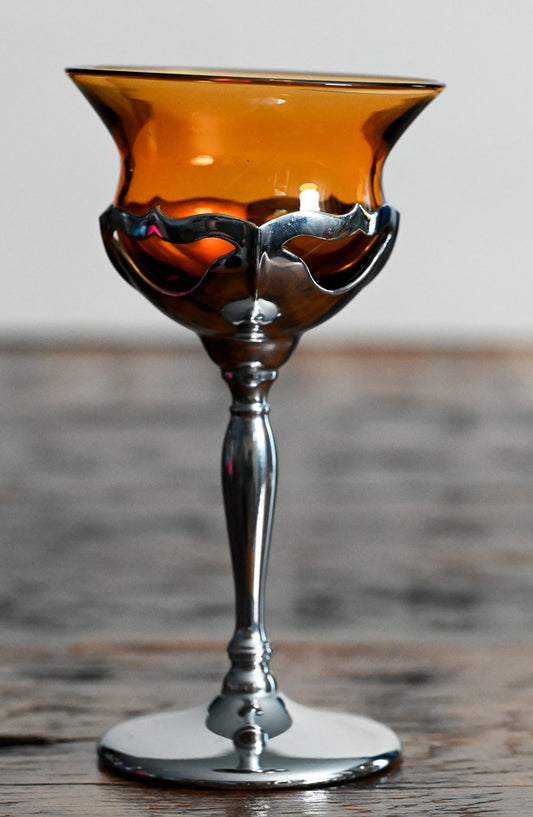 amber glass and metal stemmed Cambridge Farberbrus Krome Kraft glasses