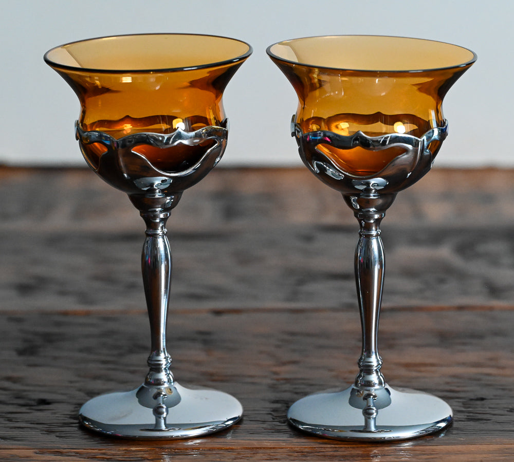 amber glass and metal stemmed Cambridge Farberbrus Krome Kraft glasses