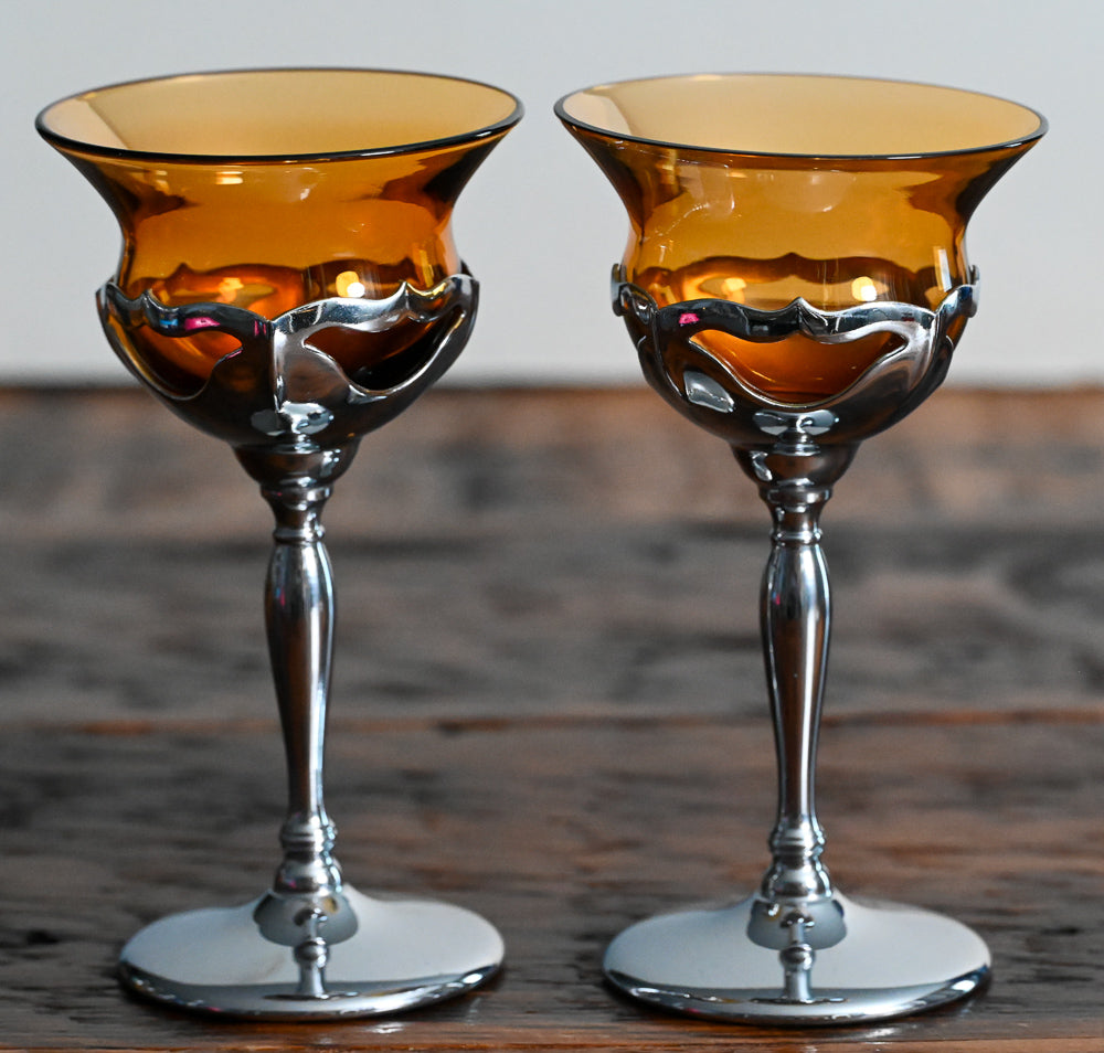 amber glass and metal stemmed Cambridge Farberbrus Krome Kraft glasses