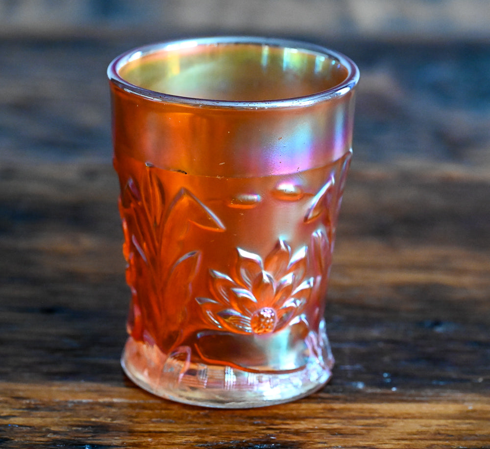 marigold Carnival glass tumbler - Waterlily and Cattails