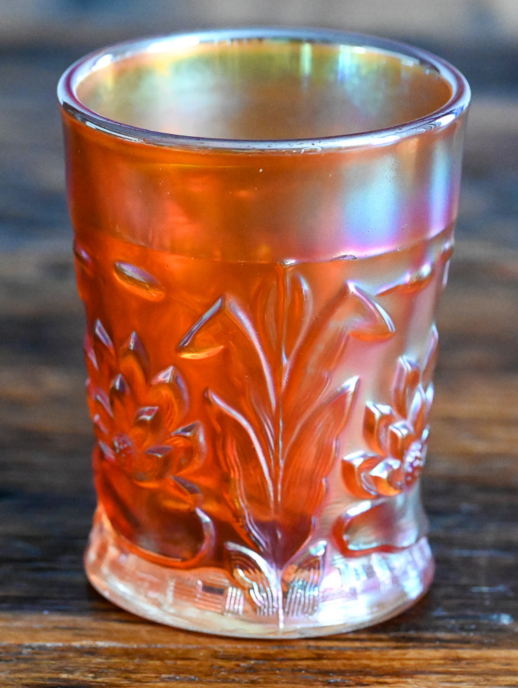 marigold Carnival glass tumbler - Waterlily and Cattails