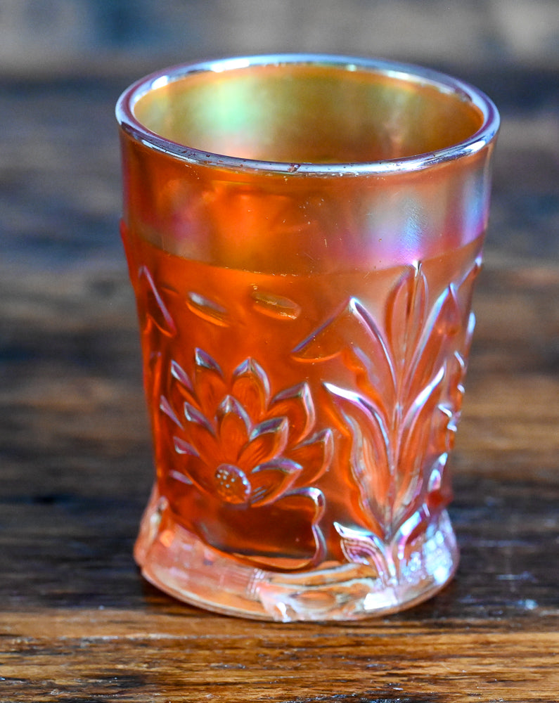 marigold Carnival glass tumbler - Waterlily and Cattails