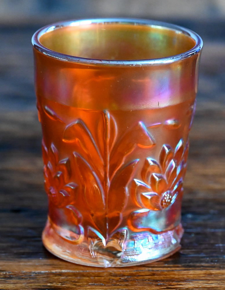 marigold Carnival glass tumbler - Waterlily and Cattails