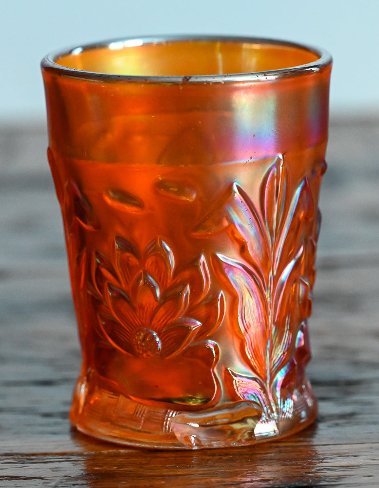 marigold Carnival glass tumbler - Waterlily and Cattails