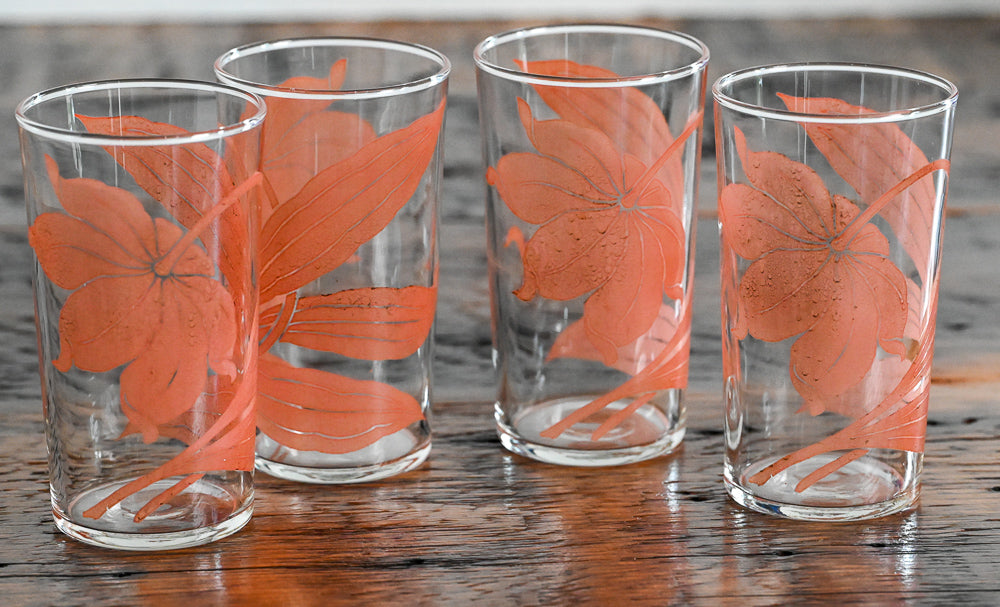 pink floral print tumblers on wood table