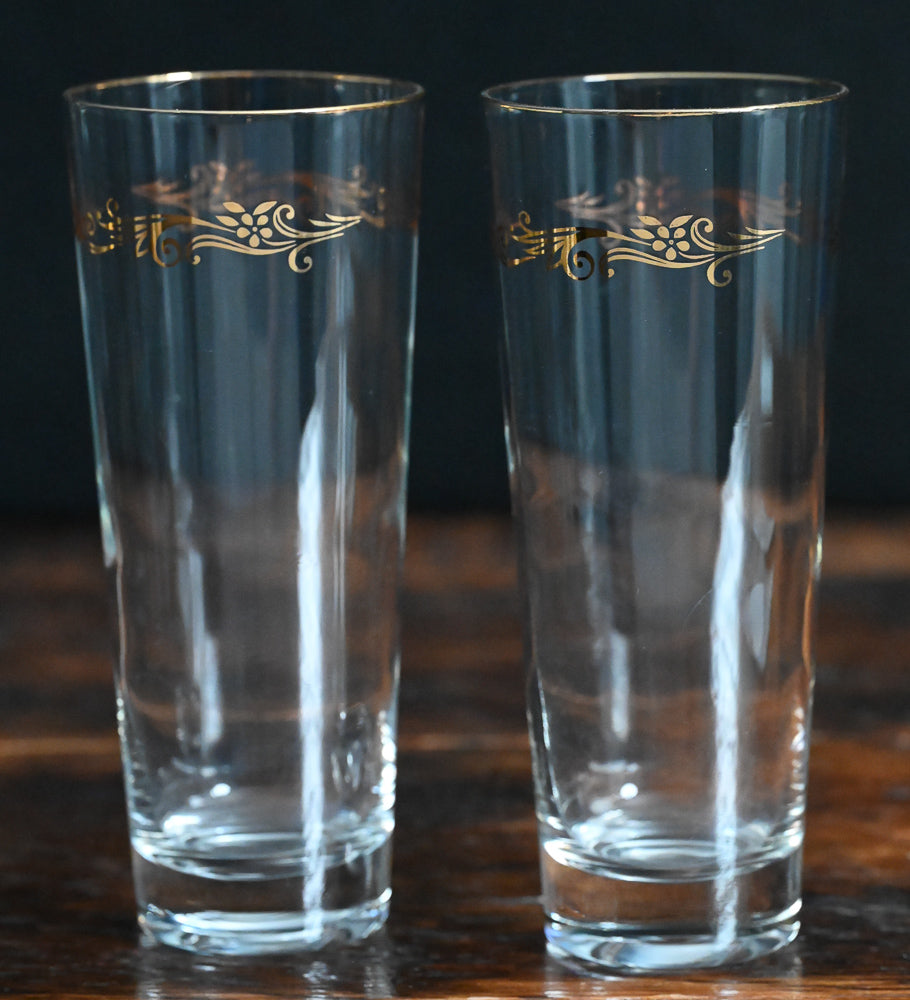 Homer Laughlin Gold Crown Gold Rim tall highball glasses