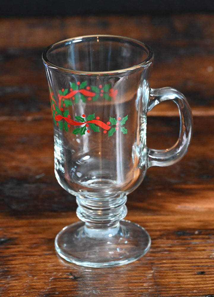Libbey green holly berry and red ribbon print coffee mug with gold rim