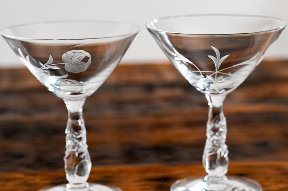Nancy Prentiss by Tiffin floral etched stemmed glasses