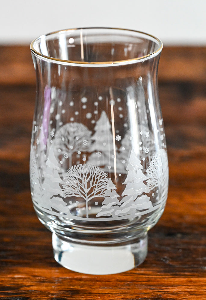frosted pine trees and snow scene Libbey Arby's tumbler glasses