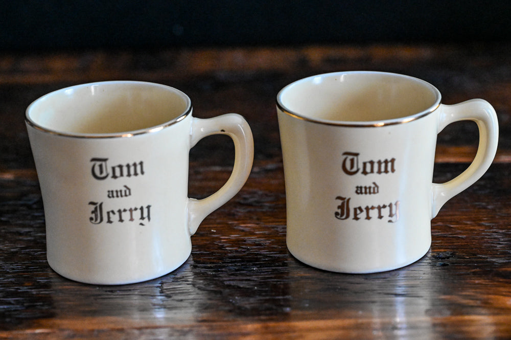 cream china Homer Laughlin Tom and Jerry Mugs, gold words and rim