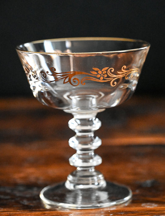 gold rim and deocration on stacked stem Home Laughlin Lifetime Gold Crown cocktail coupe