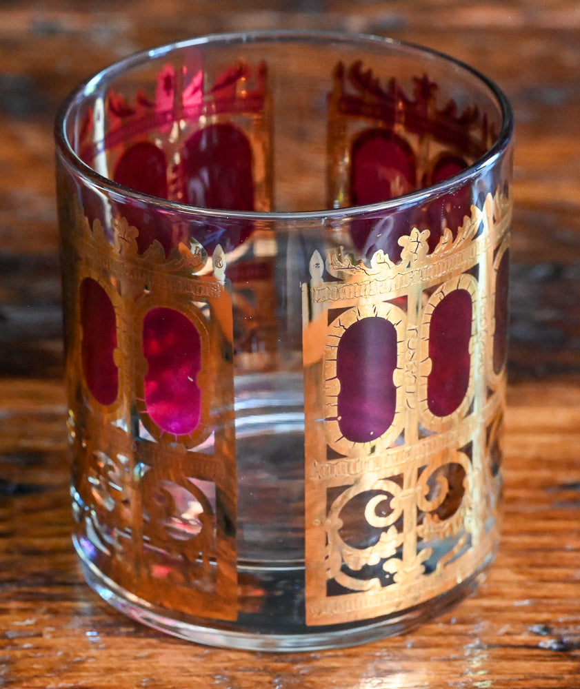 Culver Pisa Azure Scroll Cranberry rocks glasses